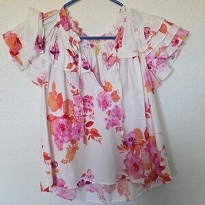 Buddy Love Cream Blouse with Pink & Orange Floral Ruffle Cold-Shoulder